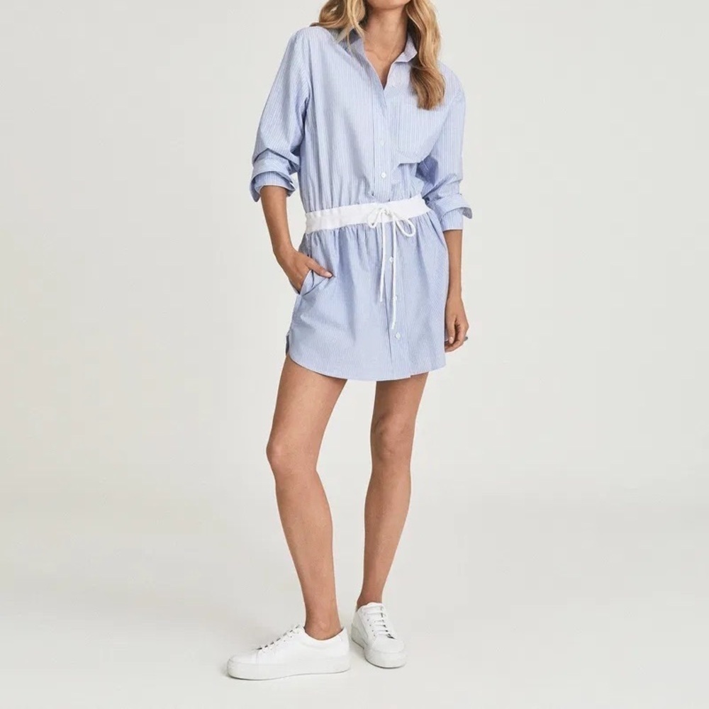 REISS US sz 10 Mia Striped Dress Blue White Waistband Long Sleeve Woven